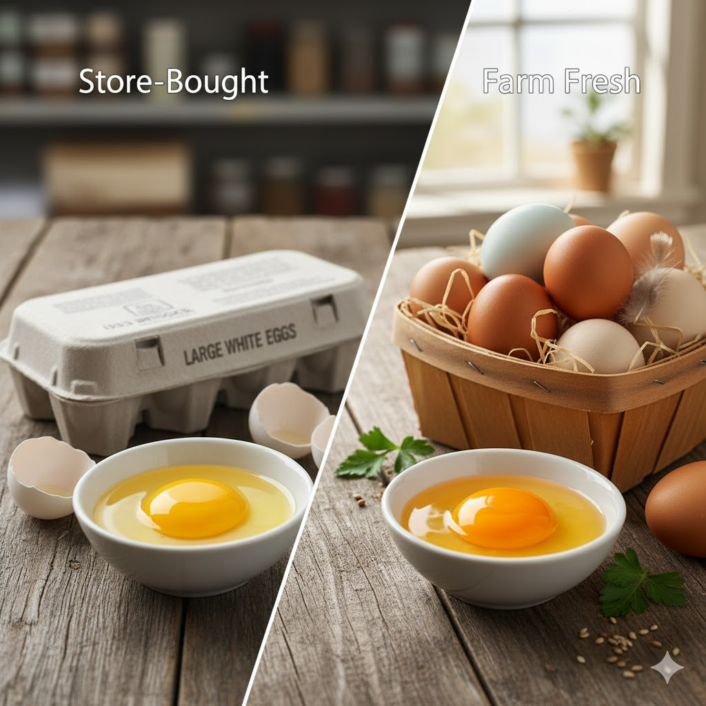 farm fresh eggs vs store bought, why fresh eggs are better than store bought, truly organic eggs, self sustaining food